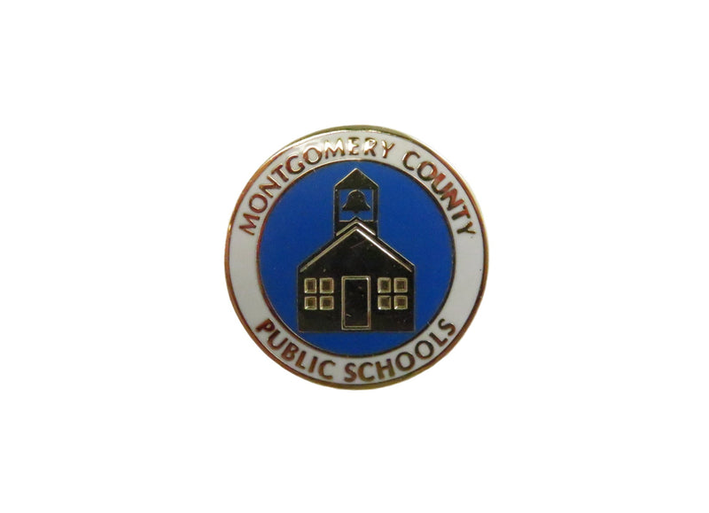 Pin with 'Montgomery County Public Schools' text and school building icon on a white background