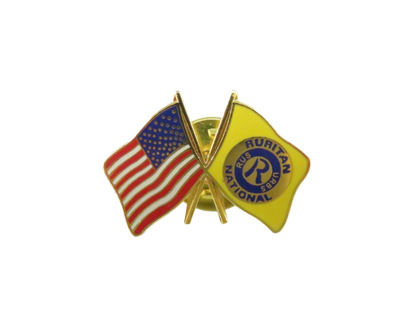Two flag pins, one American and one with a logo, on a white background