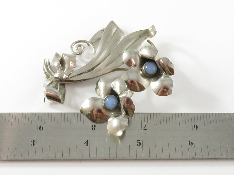 Vintage Carl Art Flowing Flower Brooch with Leaves & Ribbon Blue Stone Large Sil