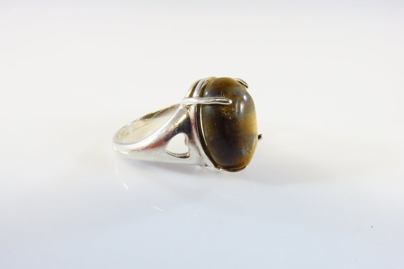 Sterling Tigers Eye Solitaire Ring Oval Cabochon Prong Set Sz 5 1/2