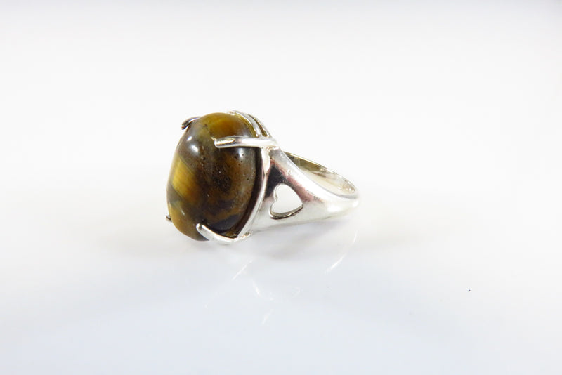 Sterling Tigers Eye Solitaire Ring Oval Cabochon Prong Set Sz 5 1/2
