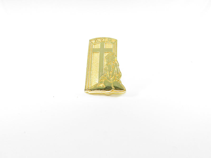 Praying figure at cross pinback lapel pin, gold tone religious window motif