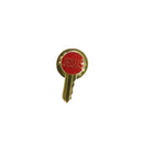 JESUS key pinback lapel pin, red oval head, gold tone faith key — Gold — front view