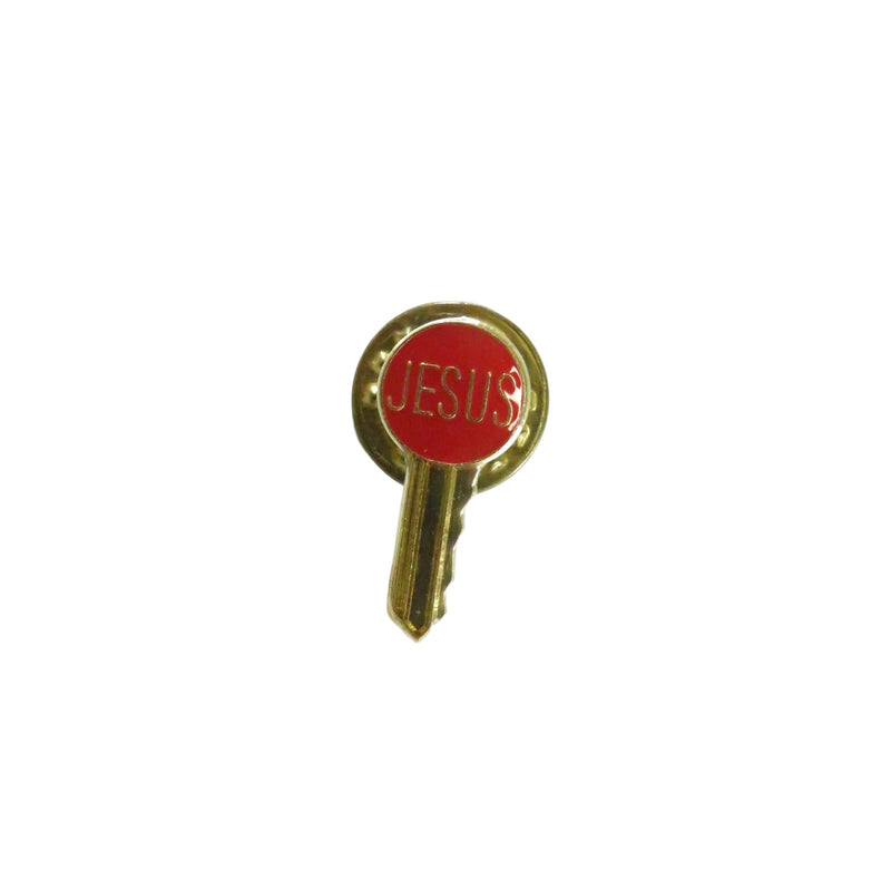 JESUS key pinback lapel pin, red oval head, gold tone faith key