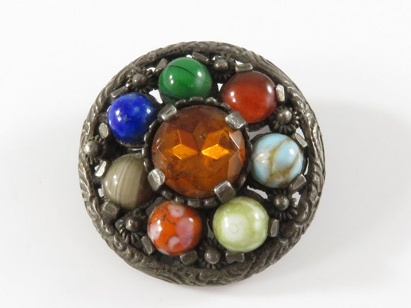 Vintage Multi Colored Glass Silvered Costume Brooch by Miracle