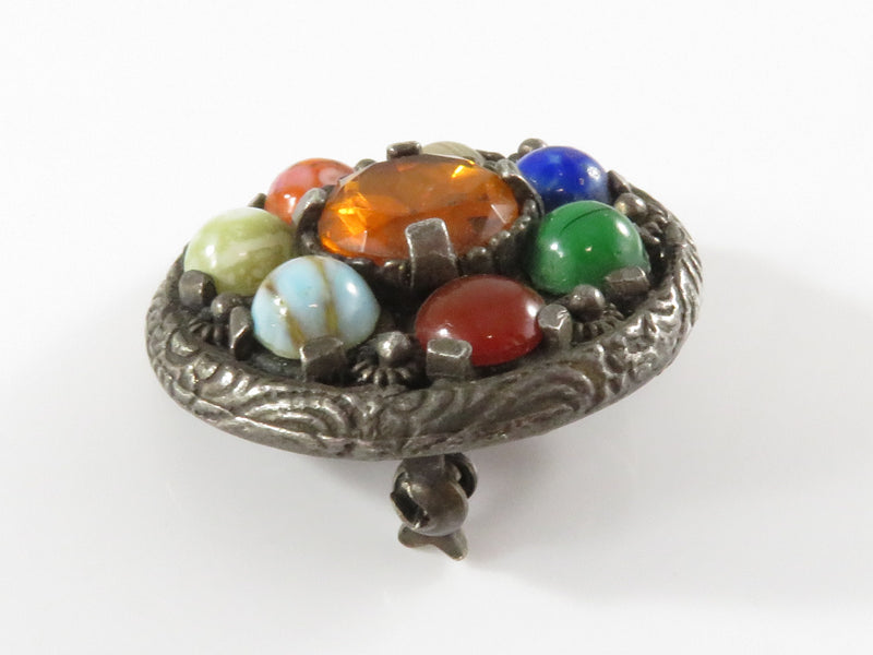 Vintage Multi Colored Glass Silvered Costume Brooch by Miracle