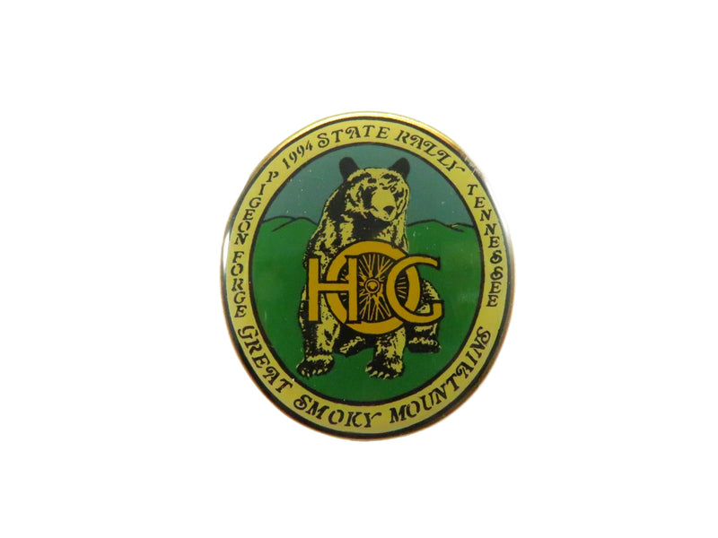 1994 H.O.G. Tennessee State Rally pinback lapel pin, Pigeon Forge, Smoky Mountains, bear graphic