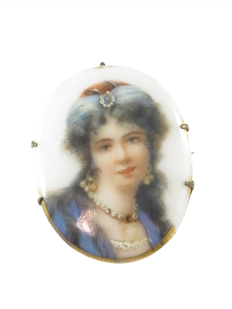 Vintage Porcelain Portrait Brooch Litho with Painted Areas Brass Backed