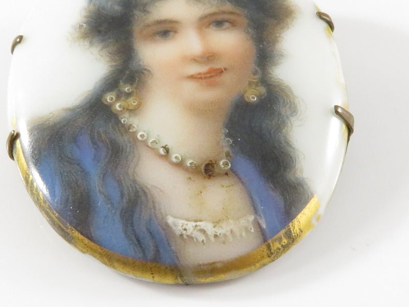 Vintage Porcelain Portrait Brooch Litho with Painted Areas Brass Backed