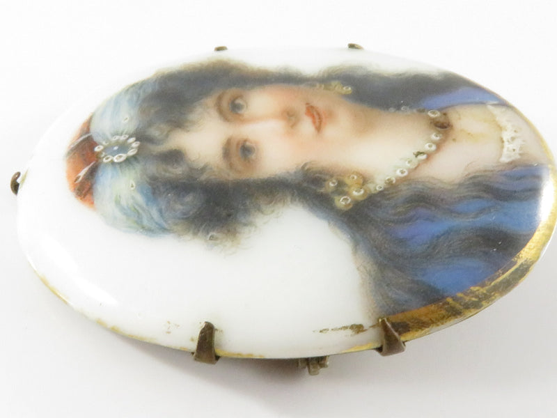 Vintage Porcelain Portrait Brooch Litho with Painted Areas Brass Backed