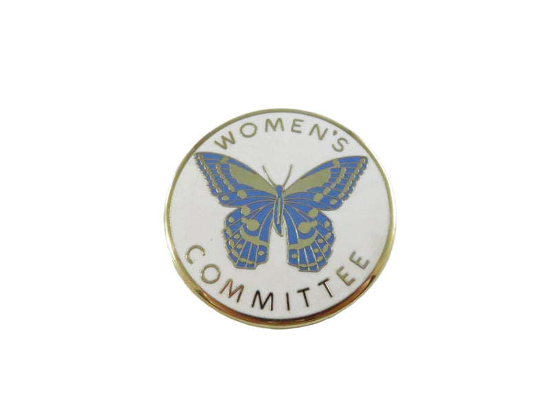 Women’s Committee butterfly pinback lapel pin, large white round, blue butterfly