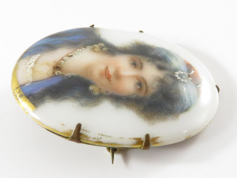 Vintage Porcelain Portrait Brooch Litho with Painted Areas Brass Backed