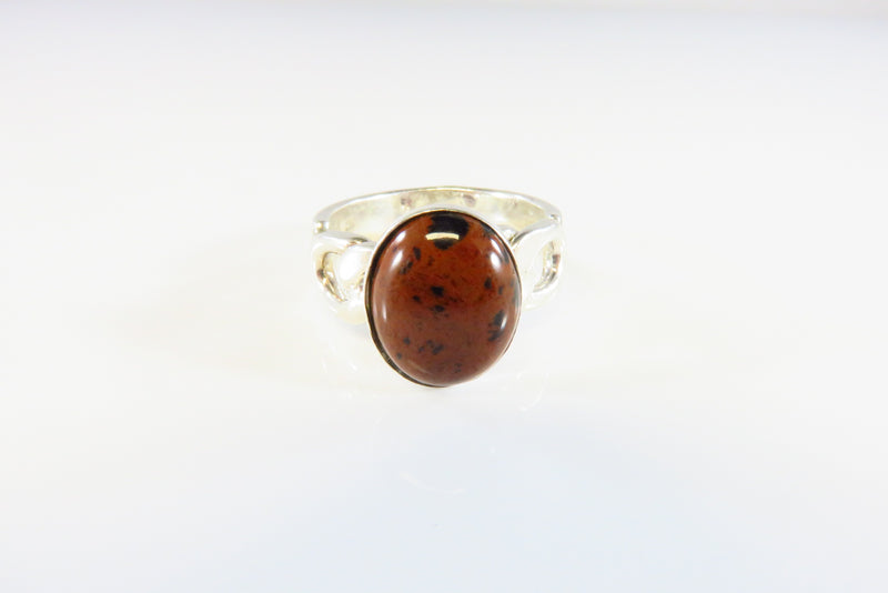 Oval Red Obsidian Cabochon in Curb Link Band Ring Setting Sterling Size 8.75