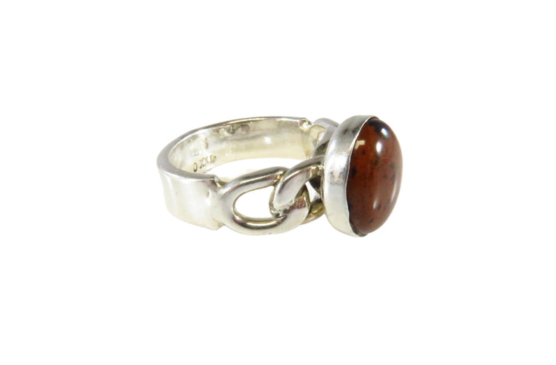 Oval Red Obsidian Cabochon in Curb Link Band Ring