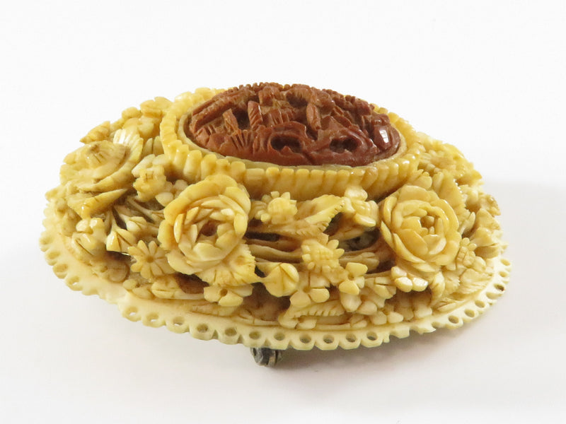 Vintage Chinese Style Finely Carved Celluloid Floral Brooch 1/20 12K Gold Filled Back