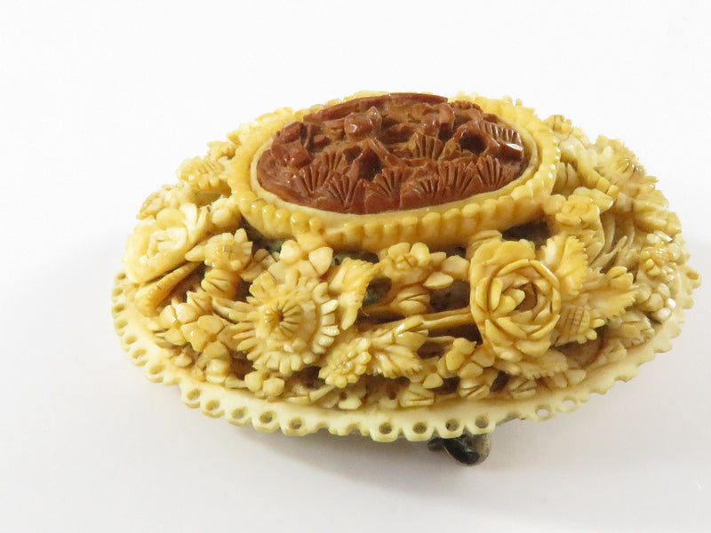 Vintage Chinese Style Finely Carved Celluloid Floral Brooch 1/20 12K Gold Filled Back