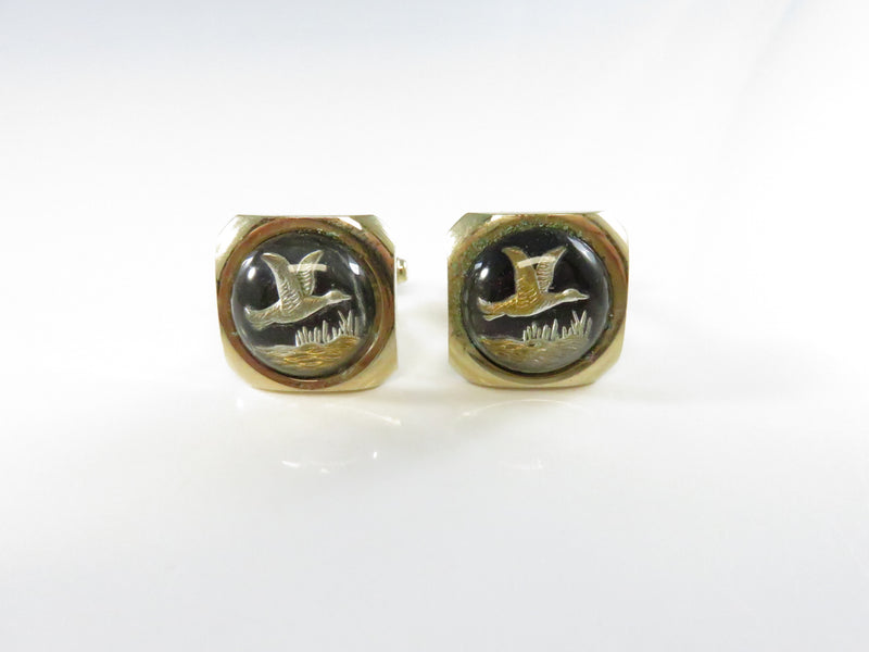 Reverse Painted Duck Scene Gold Tone Cufflinks Bubble Glass - 3/4"