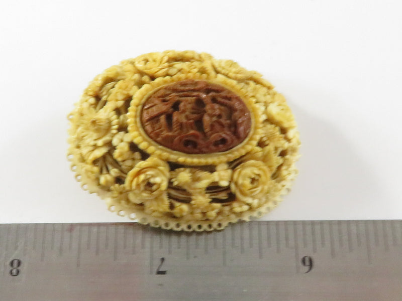 Vintage Chinese Style Finely Carved Celluloid Floral Brooch 1/20 12K Gold Filled Back