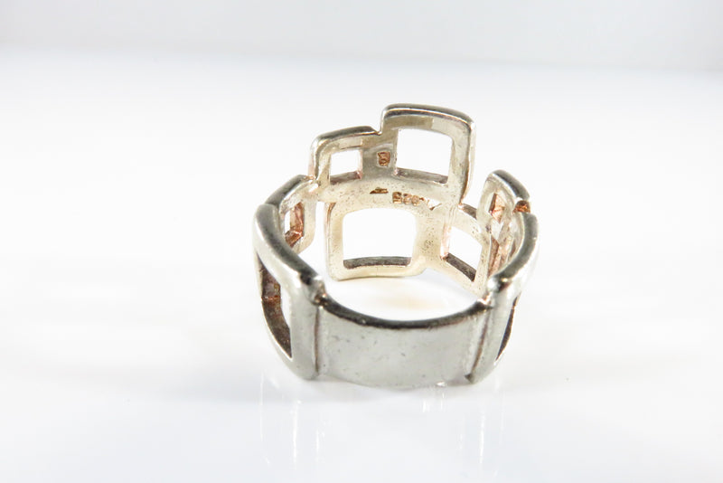 Modernist Ring Geometric Box Shaped Setting White Metal Ring Size 7.5