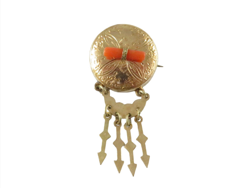 Antique Gilded Dangle Brooch With Coral Rose Yellow Gold Plate Needs Hook Replaced — For Restoration • Gold, Yellow Gold — fr