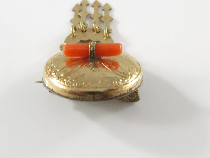 Antique Gilded Dangle Brooch With Coral Rose Yellow Gold Plate Needs Hook Replaced