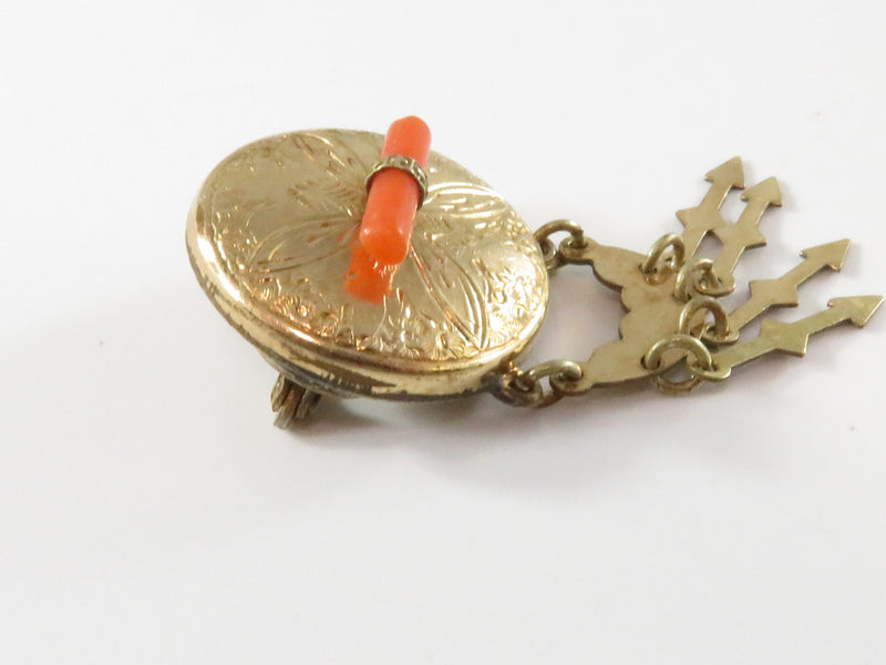 Antique Gilded Dangle Brooch With Coral Rose Yellow Gold Plate Needs Hook Replaced