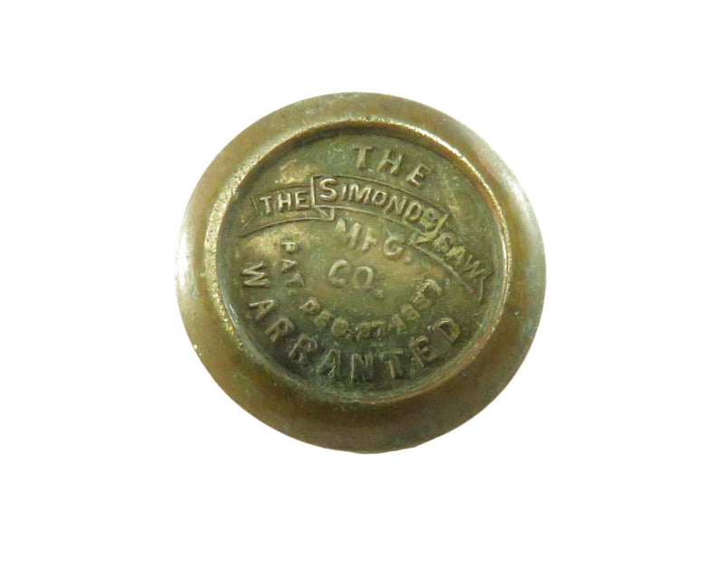 Simonds Saw Co. Antique Brass Saw Knob with Patent Date Dec 27, 1887 - 1" — front view