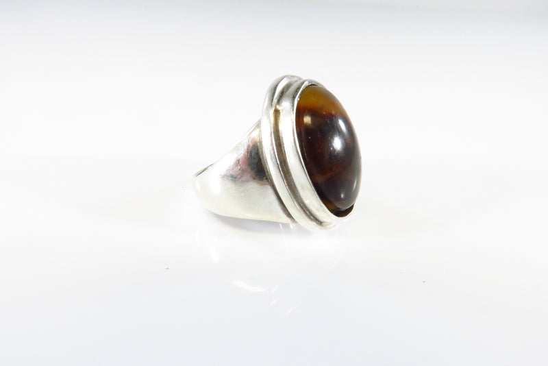 Oval Swirling Brown Glass Signet Ring Sterling Silver Size 6 1/2