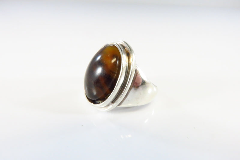 Oval Swirling Brown Glass Signet Ring Sterling Silver Size 6 1/2