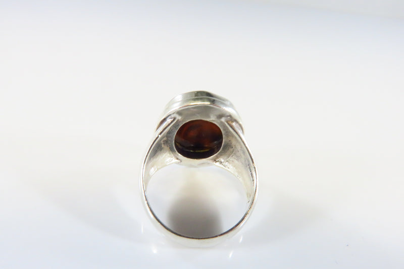 Oval Swirling Brown Glass Signet Ring Sterling Silver Size 6 1/2