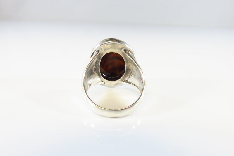 Oval Swirling Brown Glass Signet Ring Sterling Silver Size 6 1/2