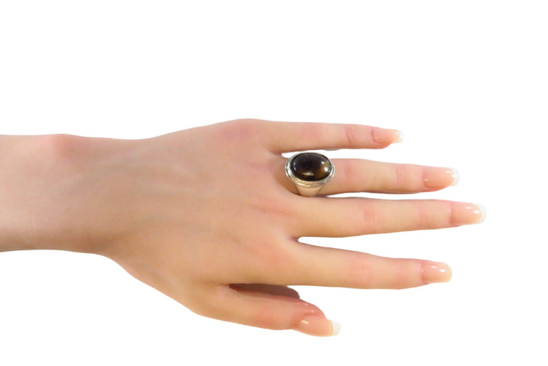 Oval Swirling Brown Glass Signet Ring Sterling Silver Size 6 1/2