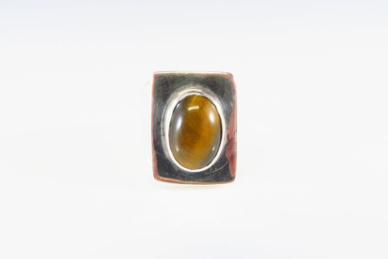 Tigers Eye Solitaire Modernist Statement Ring Vintage Sterling Silver Sz 7 1/2