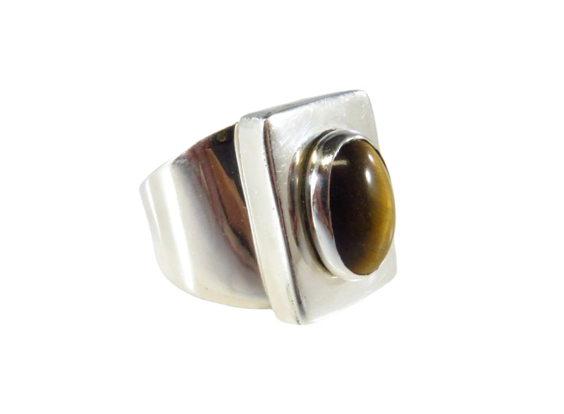 Tigers Eye Solitaire Modernist Statement Ring Vintage Sterling Silver Sz 7 1/2