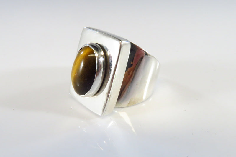 Tigers Eye Solitaire Modernist Statement Ring Vintage Sterling Silver Sz 7 1/2
