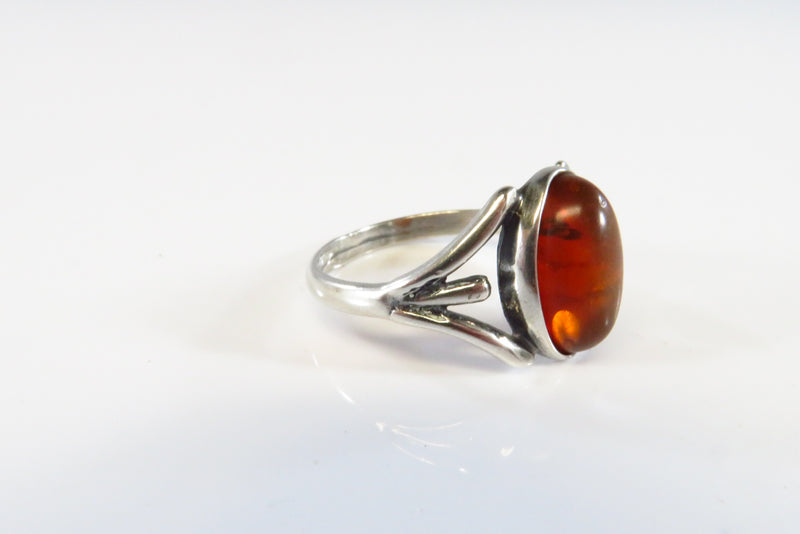 Oval Orange Amber Split Shank Sterling Silver Ring Size 7.25