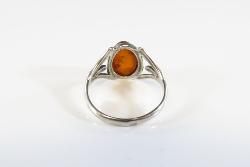 Oval Orange Amber Split Shank Sterling Silver Ring Size 7.25