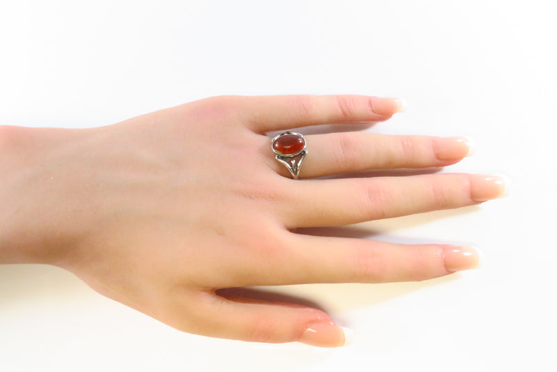 Oval Orange Amber Split Shank Sterling Silver Ring Size 7.25