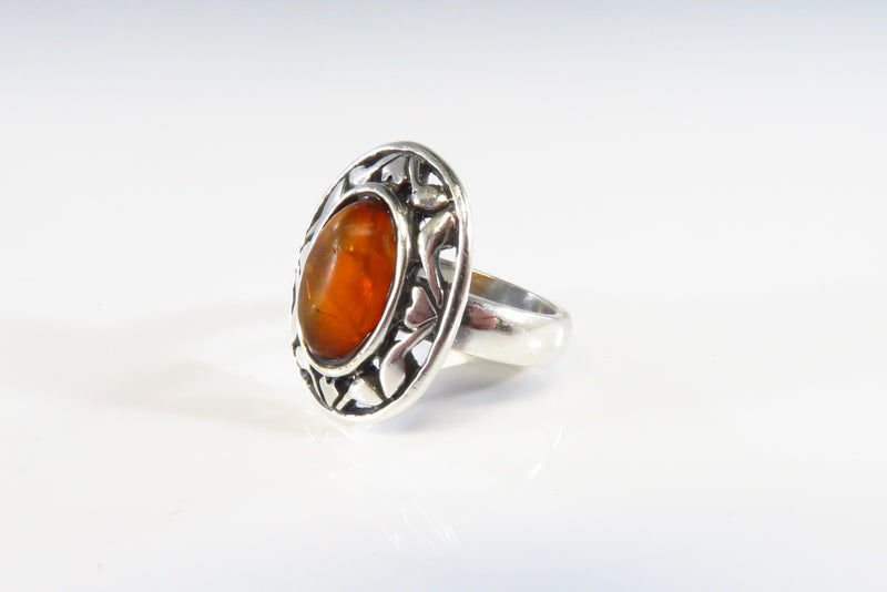 Pierced Silver & Orange Amber Cabochon Vintage Sterling Silver Ring Size 5.25