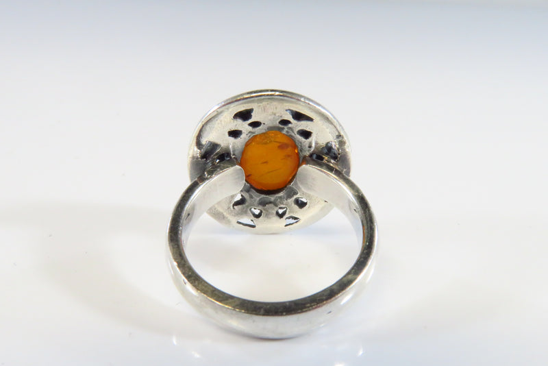 Pierced Silver & Orange Amber Cabochon Vintage Sterling Silver Ring Size 5.25
