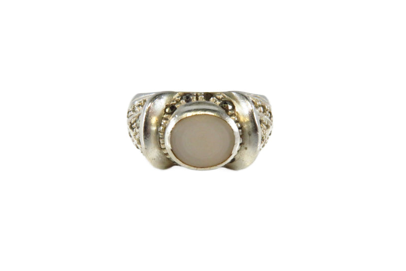 Polished Shell & Marcasite Accented Sterling Silver Fashion Band Ring