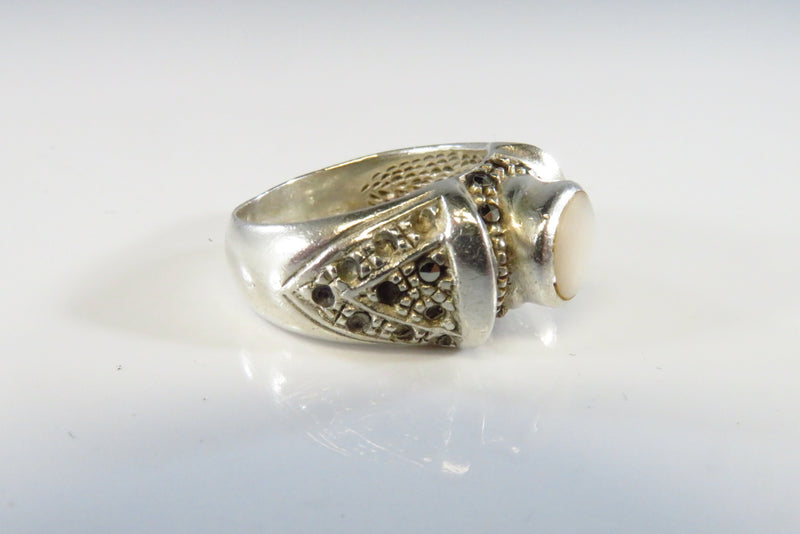 Polished Shell & Marcasite Accented Sterling Silver Fashion Band Ring Size 6.75