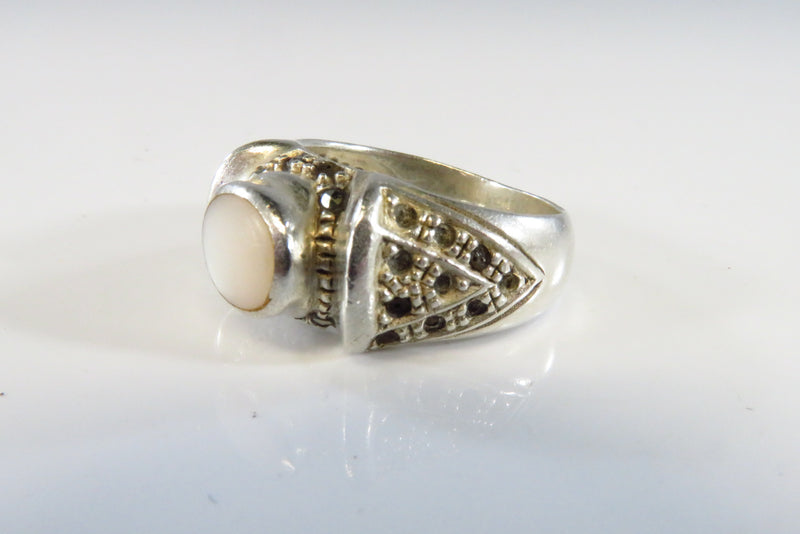 Polished Shell & Marcasite Accented Sterling Silver Fashion Band Ring Size 6.75