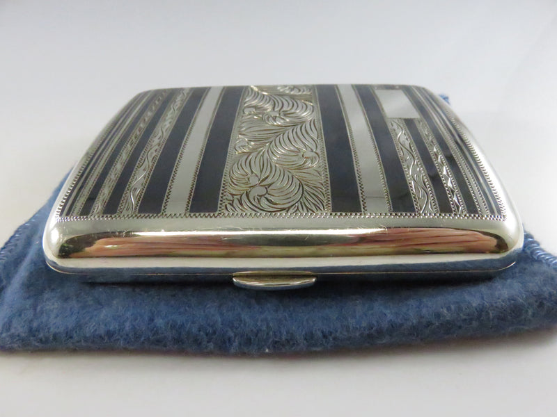 Vintage 1920s Art Deco 950 Silver Cigarette Case Engraved Black Enamel - 3 3/4" across