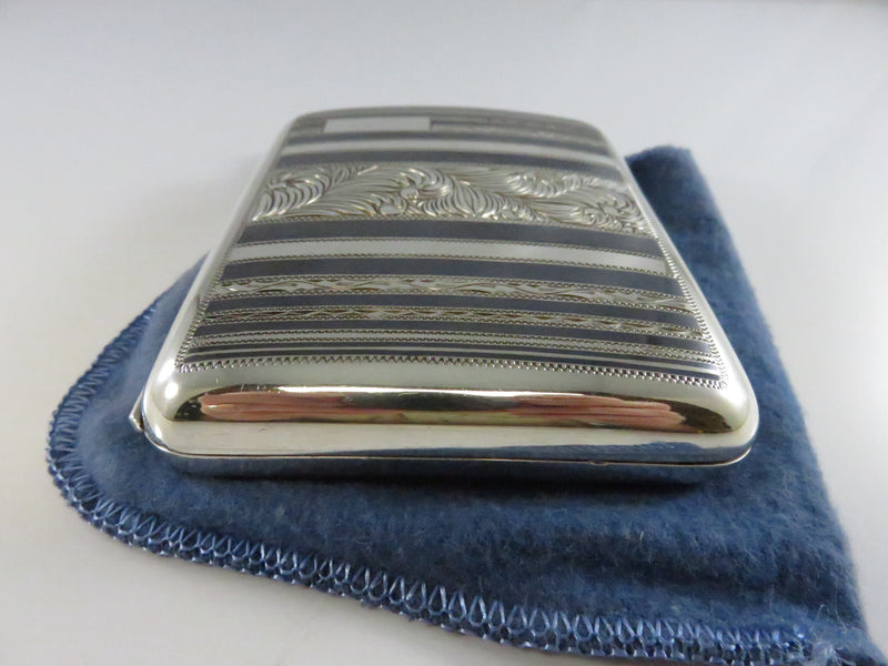 Vintage 1920s Art Deco 950 Silver Cigarette Case Engraved Black Enamel - 3 3/4" across
