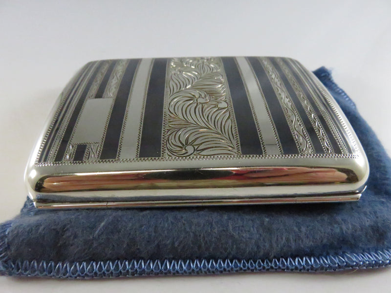 Vintage 1920s Art Deco 950 Silver Cigarette Case Engraved Black Enamel - 3 3/4" across