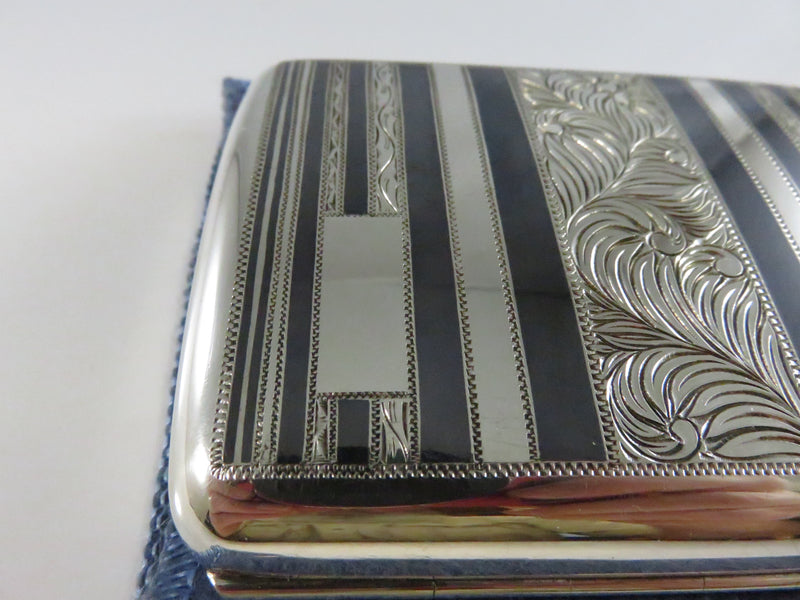 Vintage 1920s Art Deco 950 Silver Cigarette Case Engraved Black Enamel - 3 3/4" across