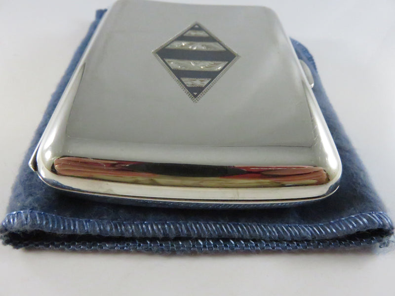 Vintage 1920s Art Deco 950 Silver Cigarette Case Engraved Black Enamel - 3 3/4" across