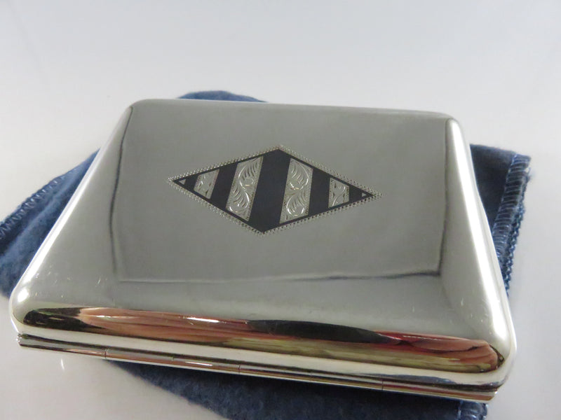 Vintage 1920s Art Deco 950 Silver Cigarette Case Engraved Black Enamel - 3 3/4" across