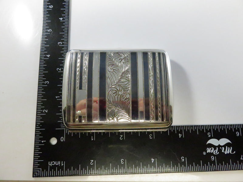 Vintage 1920s Art Deco 950 Silver Cigarette Case Engraved Black Enamel - 3 3/4" across